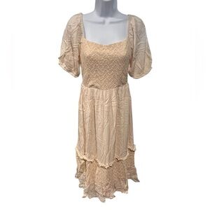 Petal Dew Textured Tiered Midi Dress | Size Small | Cream Beige Puff Sleeve